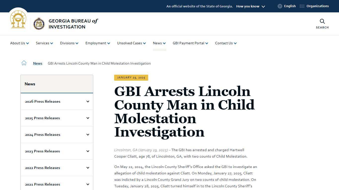 GBI Arrests Lincoln County Man in Child Molestation Investigation Georgia Bureau of Investigation